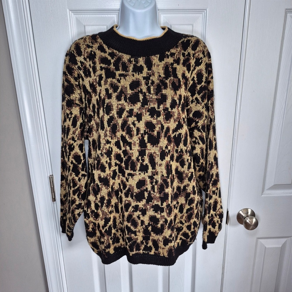 Vintage 80s leopard print glitter oversized sweater womens XL